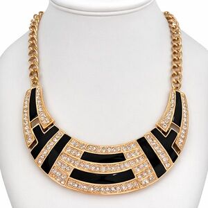 Vintage Gold Tone & Black Rhinestone Statement Necklace